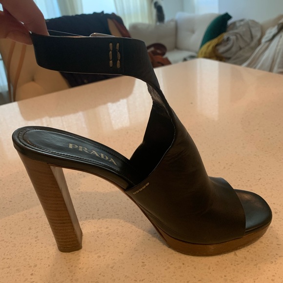Prada Black Leather Wooden Block Heel - Picture 3 of 14
